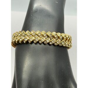 J Crew Chevron Pattern Gold Tone Clear Rhinestone Stretch Bracelet